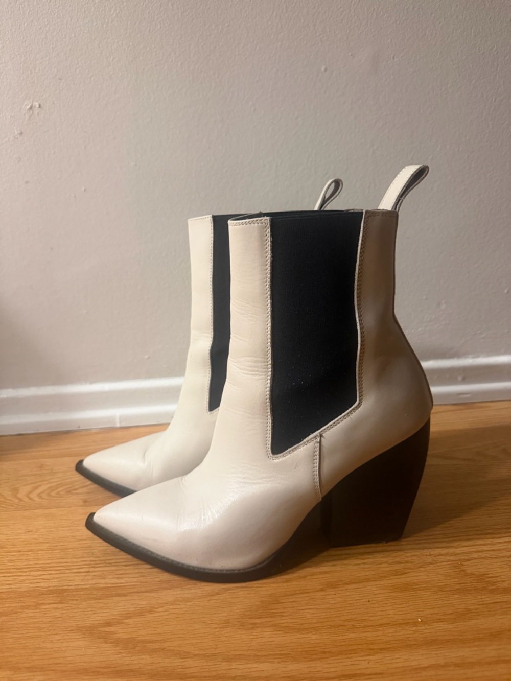 AllSaints White and Black Leather Pointed Chelsea Heeled Boots